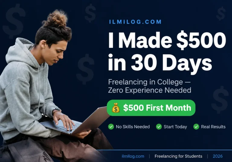 college student freelancing on laptop earning $500 outdoors and showing freelancing for college students beginners